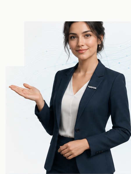 AI-rendered virtual TWEFDA guide in formal business clothing, smiling and inviting the visitor to choose a guided route.