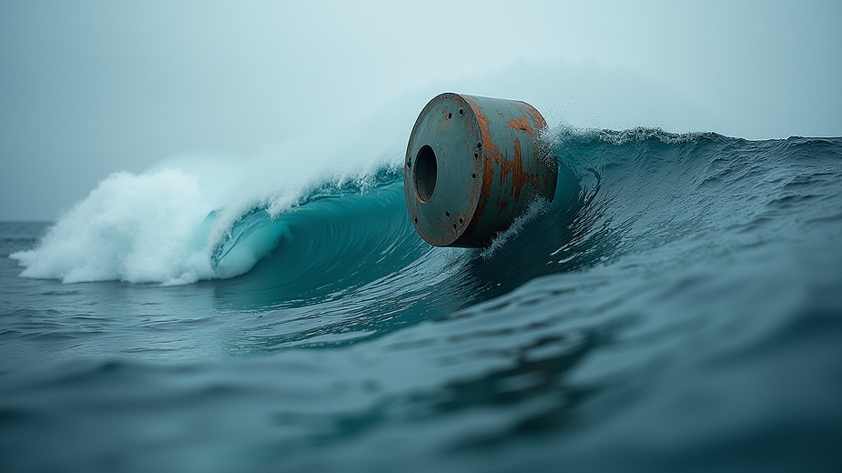 Close-up view of a wave energy converter installed offshore