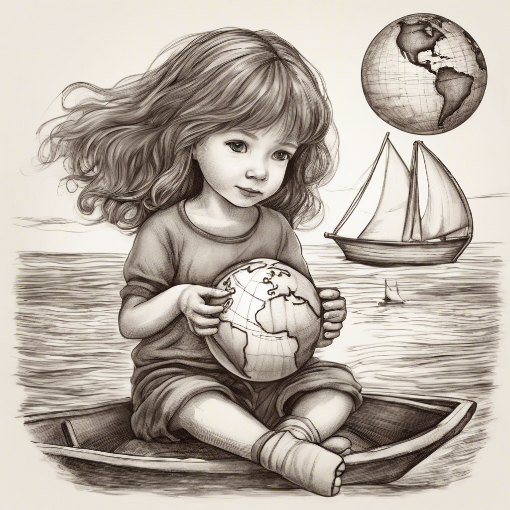 Child holding planet Earth while travelling across the ocean, representing future generations