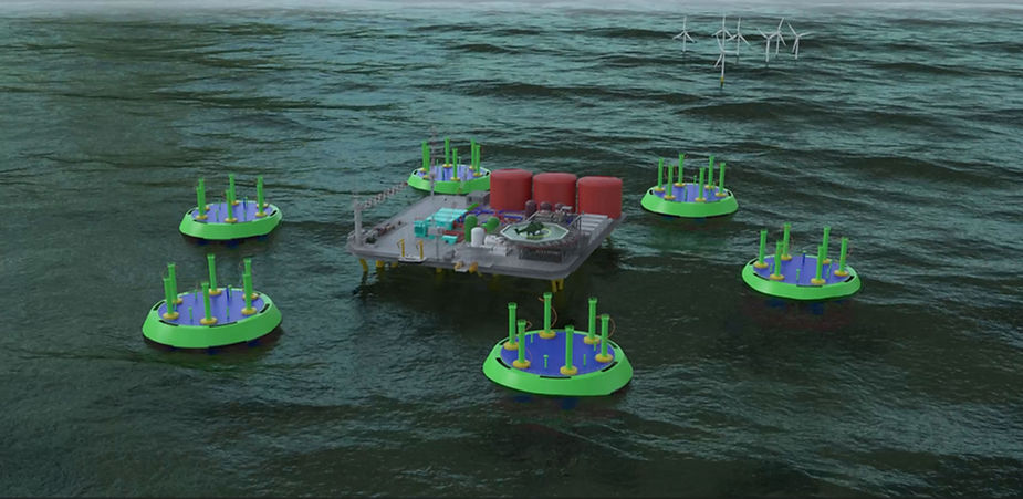Eye-level view of offshore wave energy converter platform in the sea