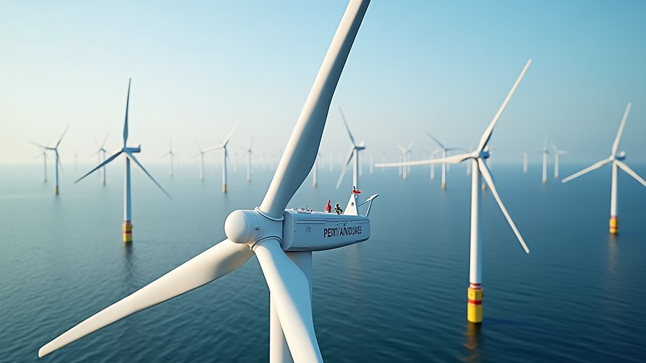 Eye-level view of offshore wind turbines generating electricity