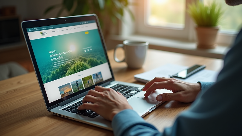 High angle view of a person typing on a laptop with a renewable energy website open