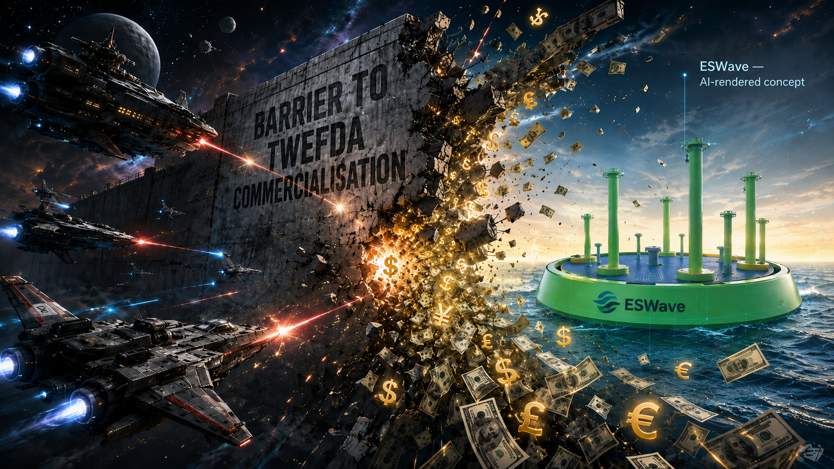 AI-rendered concept illustration representing the transition from TWEFDA-owned technology to focused WaveAmp commercialisation.