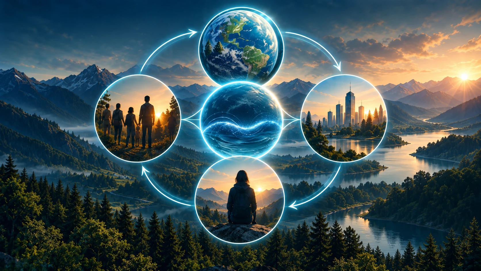 Planeta, Personas, Yo y Beneficio conectados alrededor del Equilibrio