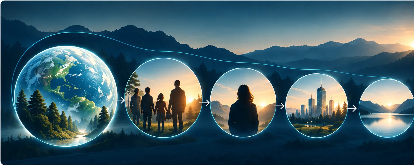 Planeta, Personas, Yo, Beneficio y Equilibrio mostrados como un sistema ordenado