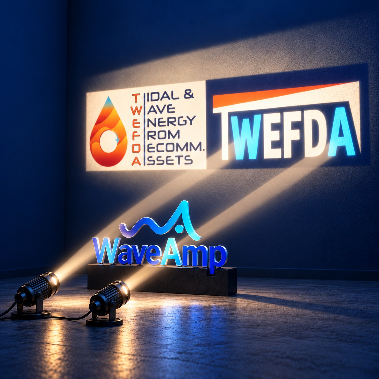 Visual metaphor linking WaveAmp and TWEFDA: two spotlights illuminate the W and A of WaveAmp and project them in blue within TWEFDA.